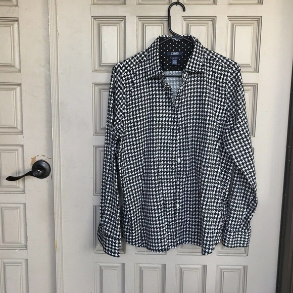 Chaps Blouse SzXL Lt Weight Black/White Houndstooth Collar Cuffs Pre-Owned - Picture 7 of 8